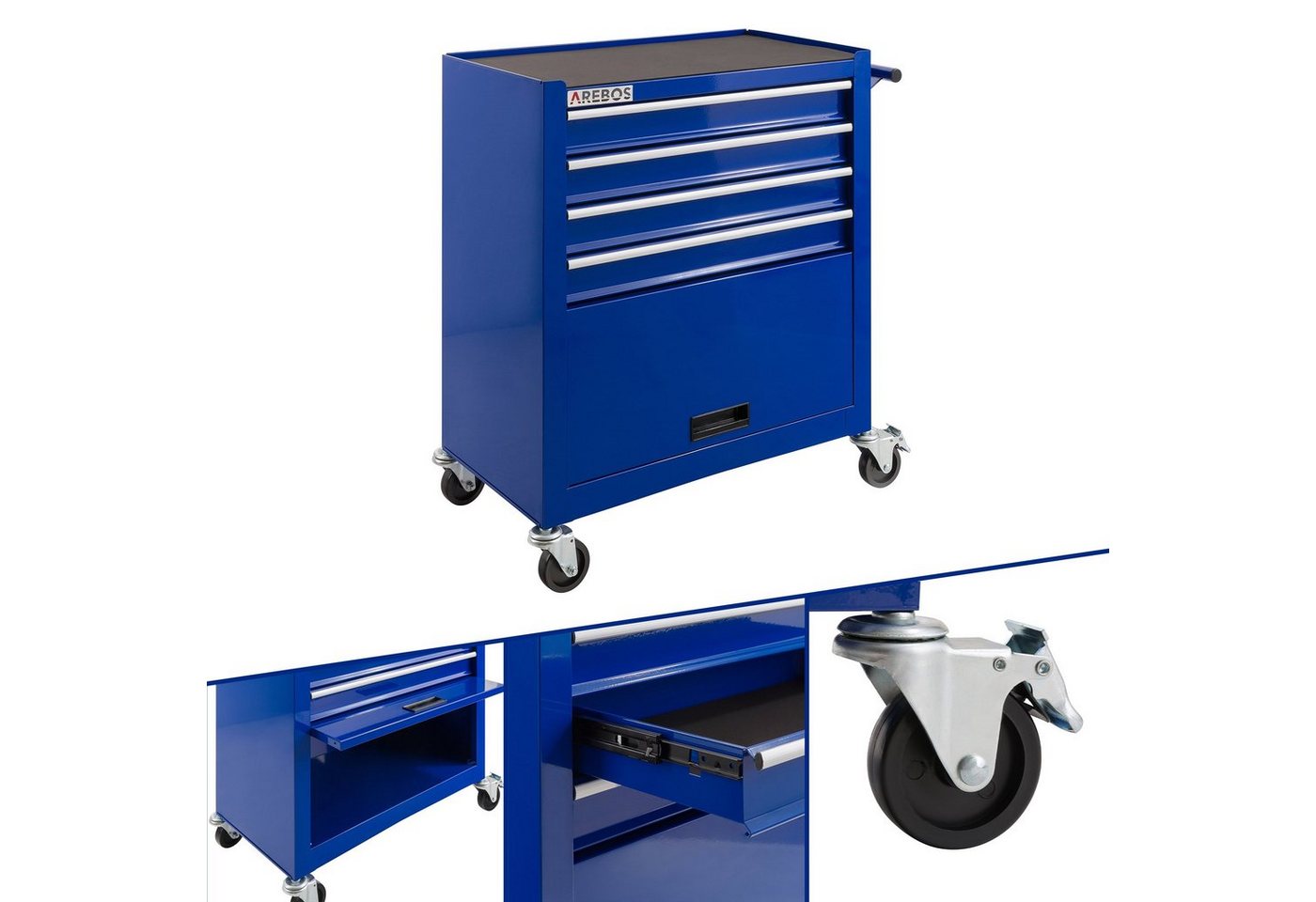 Arebos Werkstattwagen 4 Fächer + großes Fach für Ihr Werkzeug, inkl. Antirutschmatten, blau von Arebos