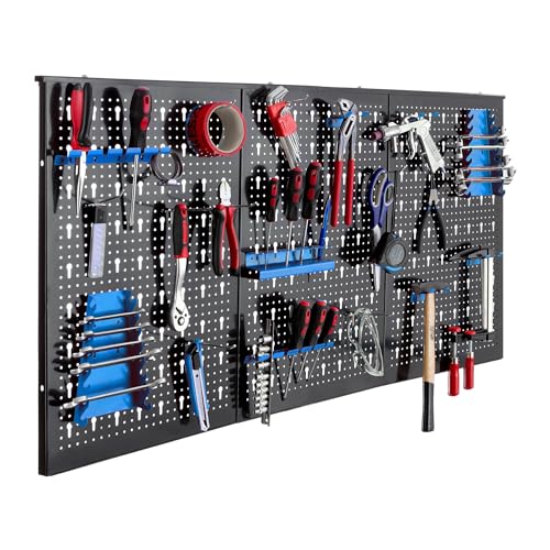 Arebos Werkzeugwand dreiteilig | 17-teiliges Hakenset Blau | 120 x 60 x 2 cm | Werkzeug Lochwand aus Metall + Halterungen + Montagematerial von Arebos