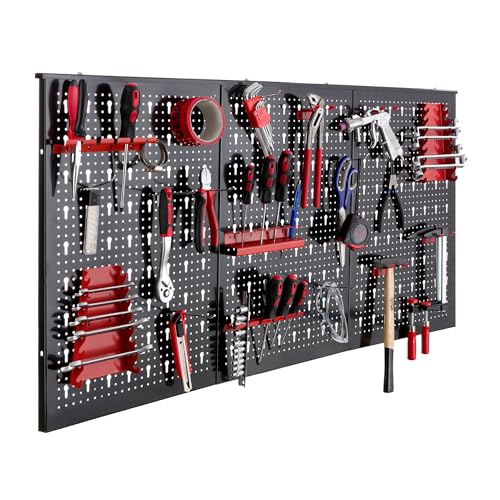 Arebos Werkzeugwand dreiteilig | 17-teiliges Hakenset Rot| 120 x 60 x 2 cm | Werkzeug Lochwand aus Metall + Halterungen + Montagematerial von Arebos