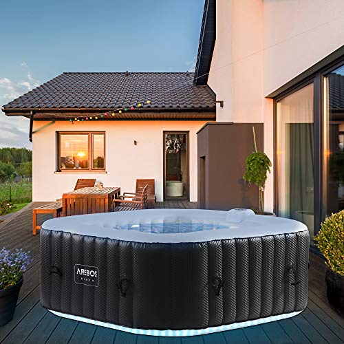 Arebos Whirlpool | 154 x 154 cm | mit LED-Beleuchtung | aufblasbar | quadratisch | In- & Outdoor | 4 Personen | 100 Massagedüsen | mit Heizung | 600 L | Inkl. Abdeckung | Bubble Spa & Wellness Massage von Arebos