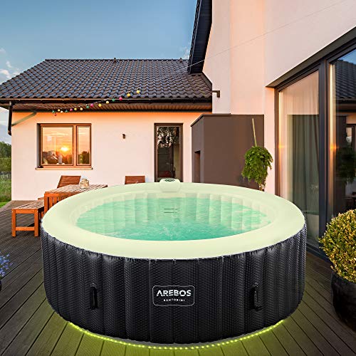 Arebos Whirlpool | automatisch aufblasbar | In & Outdoor | 6 Personen | ⌀ 208 cm | LED Leuchtband | 130 Massagedüsen | 1000 Liter | Inkl. Abdeckung | Bubble Spa & Wellness Massage von Arebos