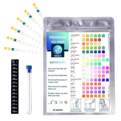 50 Stück Wasserhärte Teststreifen, 16 Parameter Wassertester Trinkwasser, Trinkwasser Teststreifen für Leitungswasser zur Analyse von pH-Wert, Mangan, Nitraten, Nitriten, Kupfer und Eisenh 50 Stück Wasserhärte Teststreifen, 16 Parameter Wassertester Trinkwasser, Trinkwasser Teststreifen für Leitungswasser zur Analyse von pH-Wert, Mangan, Nitraten, Nitriten, Kupfer und Eisenh von Areiknim