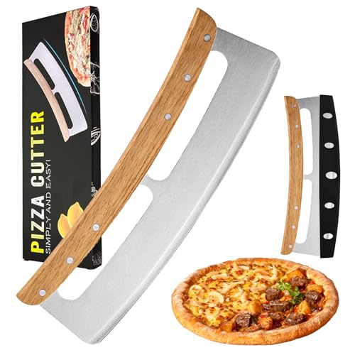 Pizzaschneider, 35 cm Edelstahl Pizzaschneider mit Klingenschutz, Scharfer Pizzamesser Wiegemesser ohne Zerdrücken, Akazienholzgriff von Areiknim