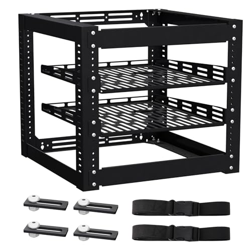 Arejonner 10U Open Frame Network Rack - 4 - Post Cold - Walzstahl - Wandmontage oder Bodenstehend, mit 2 x 1U verstellbaren Einlegeböden und Montagematerial von Arejonner
