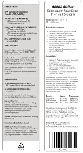 ARENA Herbstrasendünger 8kg I kaliumbetonter Rasen Langzeitdünger für den Herbst I 4 Monate Langzeitwirkung über den Winter I Striker 11+4+21(+3) + 10% Zeolith von Arena