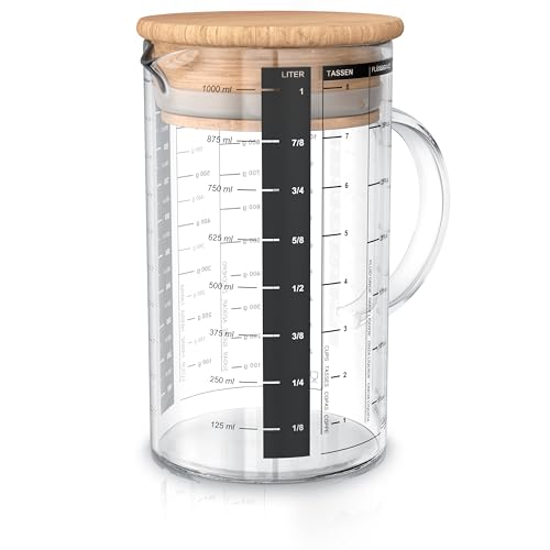 Arendo - 1l Glasbehälter aus Borosilikatglas - 1 Liter Messbecher Glas Krug – präzise Skala – hitzebeständig – Mikrowellen geeignet – Glasbehälter mit Bambusdeckel - Silikondichtung von Arendo