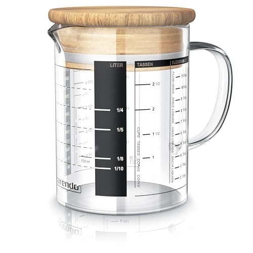 Arendo - 350ml Glasbehälter - 0,350 Liter Messbecher aus Glas – Borosilikatglas – präzise Skala – hitzebeständig – Mikrowellen geeignet – Glasbehälter mit Bambusdeckel - Silikondichtung von Arendo