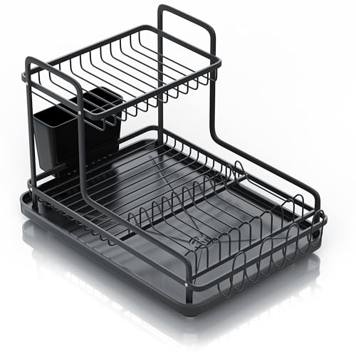Arendo - Abtropfgestell Geschirr - Geschirrständer für die Küchentheke – Abtropfschale Besteckhalter – 4 x Becherhalter/Glashalter – 10 Tellerhalter – 2 Ebenen von Arendo