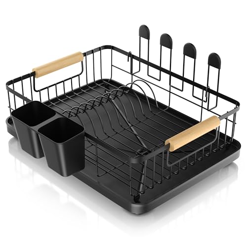 Arendo - Abtropfgestell Geschirr - Geschirrständer für die Küchentheke – Holzgriffe - 4 x Glashalter mit Silikonkappen – Besteckständer - Abtropfschale schwarz von Arendo