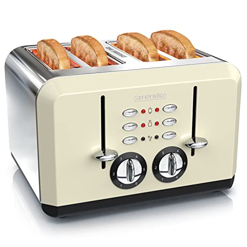 Arendo - Automatik Toaster 4 Scheiben - Edelstahlgehäuse - bis zu Vier Sandwich und Toast-Scheiben - Bräunungsgrad 1-6 - Aufwärm- und Auftaufunktion - Krümelschublade - 1630 Watt - GS-Zertifiziert von Arendo