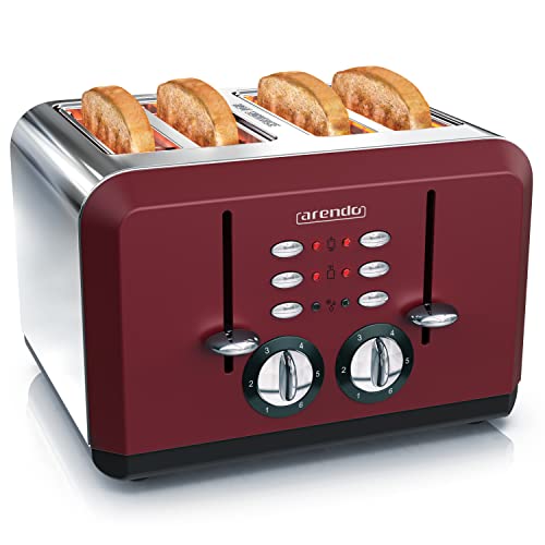 Arendo - Automatik Toaster 4 Scheiben - Edelstahlgehäuse - bis zu Vier Sandwich und Toast-Scheiben - Bräunungsgrad 1-6 - Aufwärm- und Auftaufunktion - Krümelschublade - GS-Zertifiziert - rot von Arendo