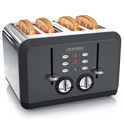 Arendo - Automatik Toaster 4 Scheiben in Edelstahl, bis zu vier Sandwich und Toast-Scheiben, Bräunungsgrad 1-6, Aufwärm und Auftaufunktion, Krümelschublade, 1630 W, GS zertifiziert von Arendo