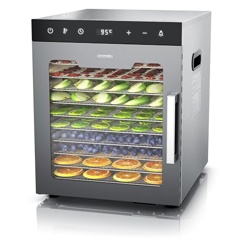 Arendo - Dörrautomat Edelstahl mit 10 Edelstahlgitter - 800 W - 35°-85°C - 10 Edelstahl Einlegetabletts mit insgesamt 8400 cm² - Dörrgerät Dehydrator Obsttrockner Dörrapparat - Obst Fleisch Pilze uvm von Arendo