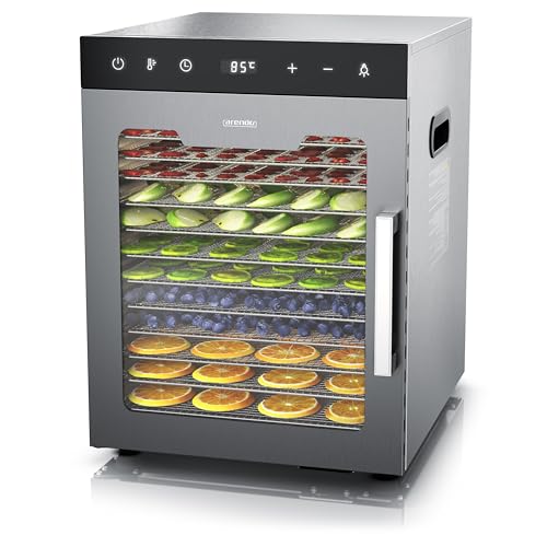 Arendo - Dörrautomat Edelstahl mit 12 Edelstahlgitter - 800 W - 30°- 90°C - 12 Edelstahl Einlegetabletts mit insgesamt 10.000 cm² - Dörrgerät Dehydrator Obsttrockner Dörrapparat - Obst Fleisch Pilze von Arendo