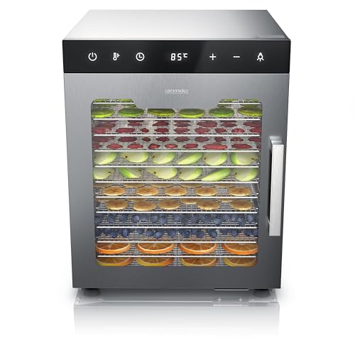 Arendo - Dörrautomat Edelstahl mit 12 Edelstahlgitter - 800 W Dörrgerät mit Temperaturregler 30°- 90°C - 12 Edelstahl Einlegetabletts - Dehydrator Obsttrockner - Fleisch, Obst, Gemüse, BPA-frei von Arendo