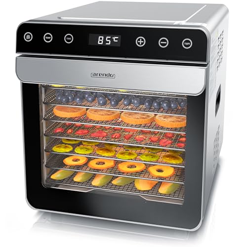 Arendo - Dörrautomat Edelstahl mit 8 Edelstahlgitter - 700 W - 35°-85°C - 8 Edelstahl Einlegetabletts mit insgesamt 6700 cm² - Dörrgerät Dehydrator Obsttrockner Dörrapparat - Obst Fleisch Pilze uvm von Arendo