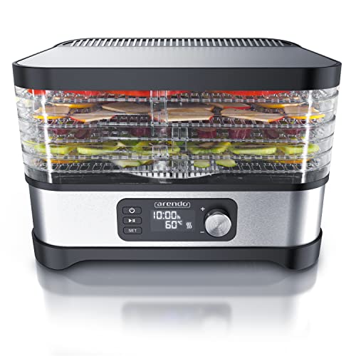 Arendo - Dörrautomat mit Temperaturregler 400 W - Edelstahl Dörrgerät für Lebensmittel Fleisch Früchte Gemüse - mit Timer bis zu 24 h - 35-70 Grad - 5 Einlegefächer - GS - Dehydrator - BPA frei von Arendo