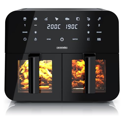 Arendo - Dual Zone Heißluftfritteuse 9L - mit 2 Kamern - XXL Kapazität 2 Fächer – Sichtfenster Beleuchtung - Airfryer - Touchscreen - 3D Umluftsystem - Antihaftbeschichtung - spülmaschinenfeste Körbe von Arendo