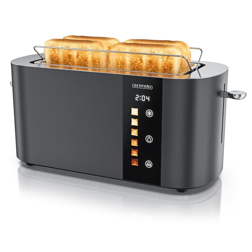 Arendo - Edelstahl Toaster 4 Scheiben Langschlitz - Touchscreen – Doppelwandgehäuse – 1500 W – Integrierter Brötchenaufsatz – 6 Bräunungsgrade – Brotzentrierung – Restzeitanzeige – Memoryfunktion von Arendo
