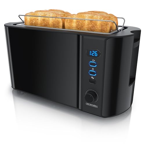 Arendo - Edelstahl Toaster Langschlitz 4 Scheiben - Defrost Funktion - wärmeisolierendes Gehäuse - mit integriertem Brötchenaufsatz - Krümelschublade - Display Restzeitanzeige - Klavierlack schwarz Arendo - Edelstahl Toaster Langschlitz 4 Scheiben - Defrost Funktion - wärmeisolierendes Gehäuse - mit integriertem Brötchenaufsatz - Krümelschublade - Display Restzeitanzeige - Klavierlack schwarz von Arendo