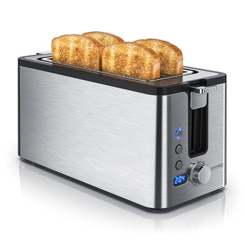 Arendo - Edelstahl Toaster Langschlitz 4 Scheiben - Defrost Funktion - wärmeisolierendes Gehäuse - mit integrierten Brötchenaufsatz - 1400W - Krümelschublade - Display mit Restzeitanzeige - Silber von Arendo