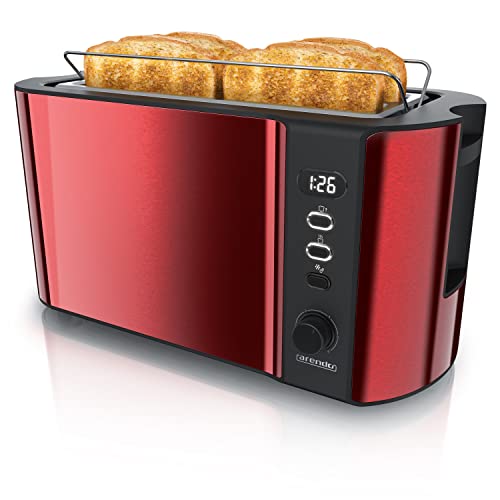 Arendo - Edelstahl Toaster Langschlitz 4 Scheiben - Defrost Funktion - wärmeisolierendes Gehäuse - mit integrierten Brötchenaufsatz - 1500W - Krümelschublade - Display mit Restzeitanzeige - Karminrot von Arendo