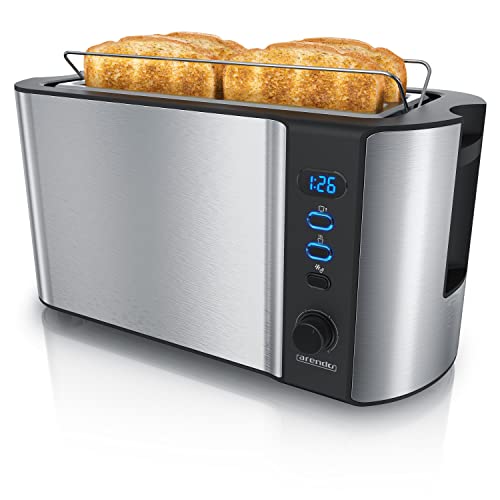 Arendo - Edelstahl Toaster Langschlitz 4 Scheiben - Defrost Funktion - wärmeisolierendes Gehäuse - mit integrierten Brötchenaufsatz - 1500W - Krümelschublade - Display mit Restzeitanzeige - silber von Arendo