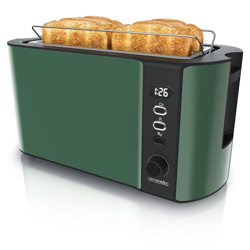 Arendo - Edelstahl Toaster Langschlitz 4 Scheiben - Defrost Funktion - wärmeisolierendes Gehäuse - mit integrierten Brötchenaufsatz - 1500W - Krümelschublade - Display mit Restzeitanzeige von Arendo