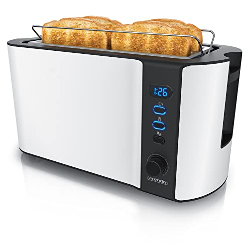 Arendo - Edelstahl Toaster Langschlitz 4 Scheiben, Defrost Funktion, Wärmeisolierendes Gehäuse mit integriertem Brötchenaufsatz - 1500W - Krümelschublade, Display mit Restzeitanzeige - weiß matt von Arendo