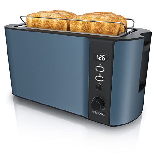 Arendo - Edelstahl Toaster Langschlitz 4 Scheiben - Defrost Funktion - wärmeisolierendes Gehäuse - mit integrierten Brötchenaufsatz - Krümelschublade - Display mit Restzeitanzeige - Admiral Blau von Arendo