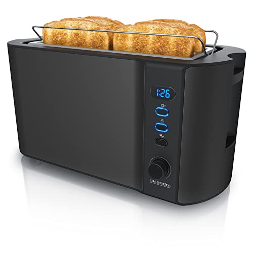 Arendo - Edelstahl Toaster Langschlitz 4 Scheiben - Defrost Funktion - wärmeisolierendes Gehäuse - mit integriertem Brötchenaufsatz - Krümelschublade - Display mit Restzeitanzeige - Schwarz Matt von Arendo