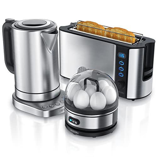 Arendo - Wasserkocher mit Toaster SET, Edelstahl Wasserkocher Basisstation mit Temperatureinstellung + Edelstahl 1000W Toaster + Edelstahl Eierkocher für 1-7 Eier von Arendo