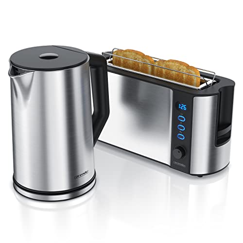 Arendo - Wasserkocher mit Toaster Set, Edelstahl Silber Wasserkocher 1,5L 40° - 100°C Warmhaltefunktion Toaster 2 Scheiben Display 6 Bräunungsgrade Brötchaufsatz von Arendo