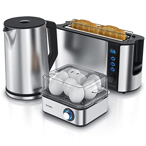 Arendo - Wasserkocher mit Toaster SET, Edelstahl Wasserkocher 1,5 Liter mit Temperaturauswahl + Toaster Langschlitz mit Brötchenaufsatz + Eierkocher 8 fach - Küchen Set - Silber von Arendo