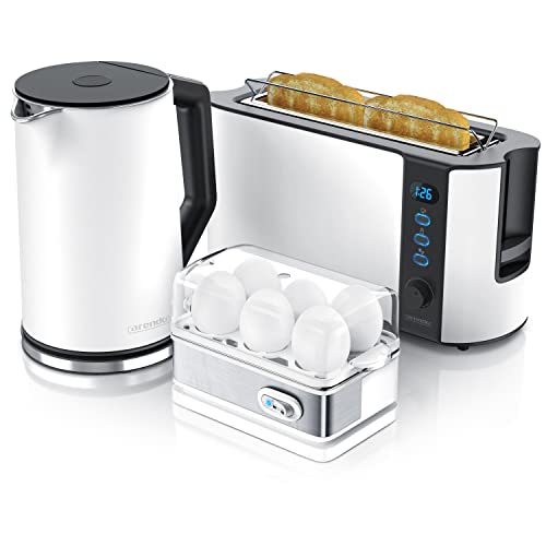Arendo - Wasserkocher mit Toaster SET und Eierkocher SET Edelstahl Weiß matt Wasserkocher 1,5L 40° - 100°C, Toaster 2 Scheiben LED-Display 6 Bräunungsgrade Eierkocher 1-6 Eier Messbecher BPA frei von Arendo