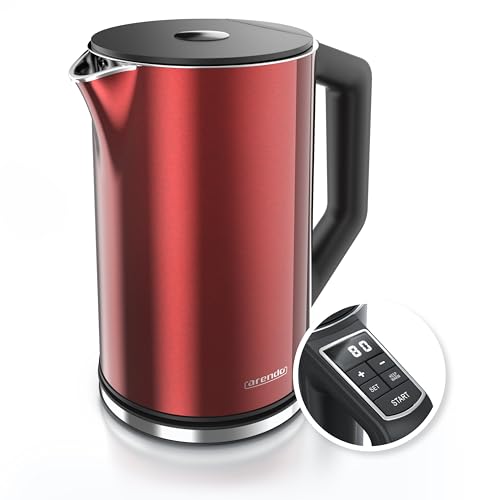 Arendo - Edelstahl Wasserkocher mit Temperatureinstellung 40-100 Grad in 5er Schritten - Doppelwand Design - Modell ELEGANT - 1,5 Liter - 2200 W - Teekocher mit Temperaturanzeige - GS - Rot von Arendo