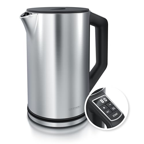 Arendo - Edelstahl Wasserkocher mit Temperatureinstellung 40-100 Grad in 5er Schritten - Doppelwand Design - Modell ELEGANT - 1,5 Liter - 2200 W - Teekocher mit Temperaturanzeige - GS - Silber von Arendo
