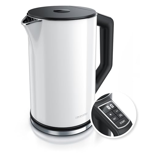 Arendo - Edelstahl Wasserkocher mit Temperatureinstellung 40-100 Grad in 5er Schritten - Doppelwand Design - Modell ELEGANT - 1,5 Liter - 2200 W - Teekocher mit Temperaturanzeige - GS - Weiß von Arendo