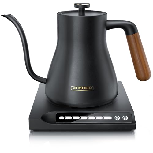 Arendo - Edelstahl Wasserkocher mit Temperatureinstellung - Griff aus Echt Holz - Temperaturauswahl 40° bis 100° - Warmhaltefunktion 30 Minuten – 0,6 Liter – Design Schwarz von Arendo