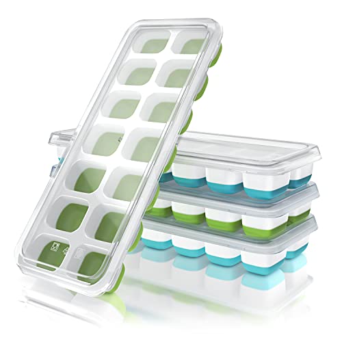 Arendo - Eiswürfelform 4er Pack Silikon 250ml - 14 Fächer - 4 x Eiswürfelformen - mit Deckel – 2x weiß-grün und 2x weiß blau – spülmaschinengeeignet – stapelbar - BPA-frei von Arendo