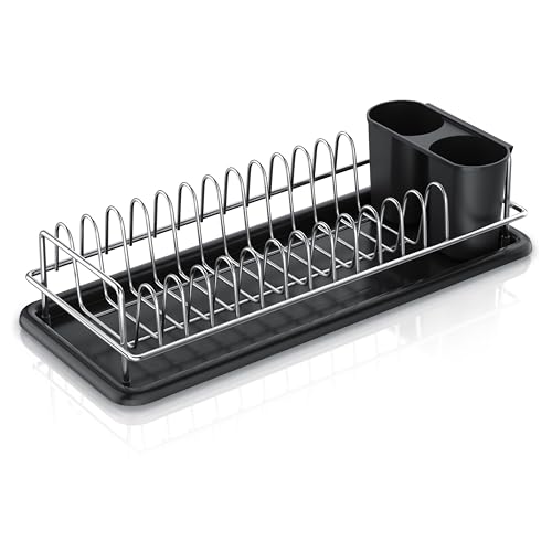 Arendo - Geschirrständer – Tellerhalter – Abtropfgestell - kompaktes platzsparendes Design – 12 Abtropfplätze für Teller Deckel Untertassen - Edelstahl – 2 Besteckhalter von Arendo