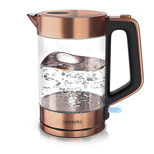 Arendo - Glas Wasserkocher Edelstahl - 1,7 Liter - 2200W - Cool Touch Griff - One Touch Verschluss - automatische Abschaltung - integrierte Kabelführung - Überhitzungsschutz - Kupfer Design von Arendo