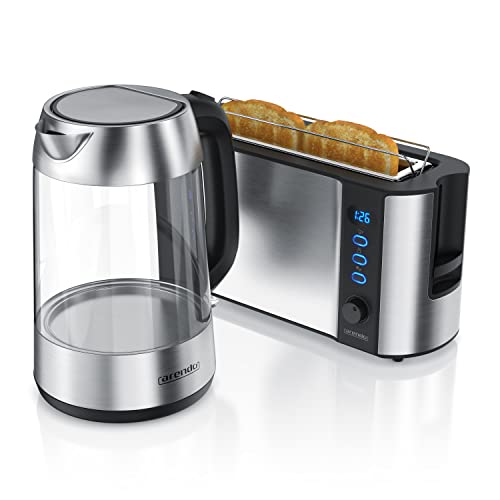 Arendo - Wasserkocher mit Toaster SET, Glas Wasserkocher Edelstahl 1,7 Liter mit LED + Arendo Edelstahl Toaster Langschlitz mit Brötchenaufsatz - Küchen Set - Silber von Arendo