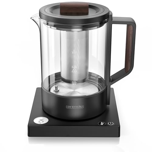 Arendo - Glas Wasserkocher mit Temperatureinstellung - Edelstahl Teekocher 1 Liter – Integriertes Teesieb – 40°-100°C – präzise Sensormessung – BPA-frei – Basis mit Display - Schwarz von Arendo