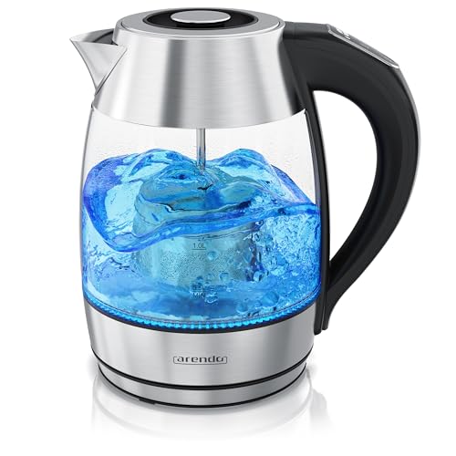 Arendo - Glas Wasserkocher mit Temperatureinstellung - Edelstahl - temperaturabhängige LED Beleuchtung - 2200 W - 1,7L – 2 Deckel (1x mit und 1x ohne Teesieb) – Kalkfilter – Warmhaltefunkti von Arendo