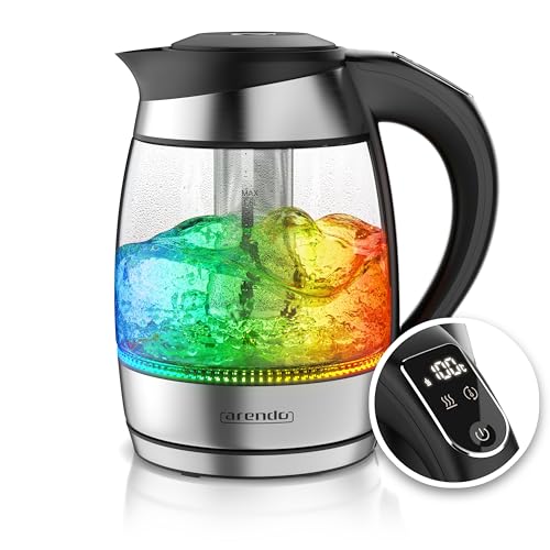 Arendo - Glas Wasserkocher mit Temperatureinstellung - mit Teesieb - Kabellos - Edelstahl - 1,8L – Überhitzungsschutz – Temperaturauswahl 40° - 100°C - Warmhaltefunktion - LED Beleuchtung von Arendo