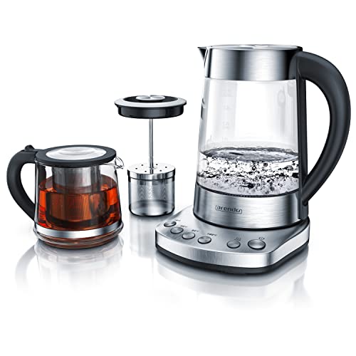 Arendo - Glas Wasserkocher mit Temperatureinstellung und Teesieb sowie Aufsatz - Türkischer Teekocher - Edelstahl - Temperaturen 70, 80, 100 Grad - 1,7 Liter - 2400 Watt - Abschaltautomatik von Arendo