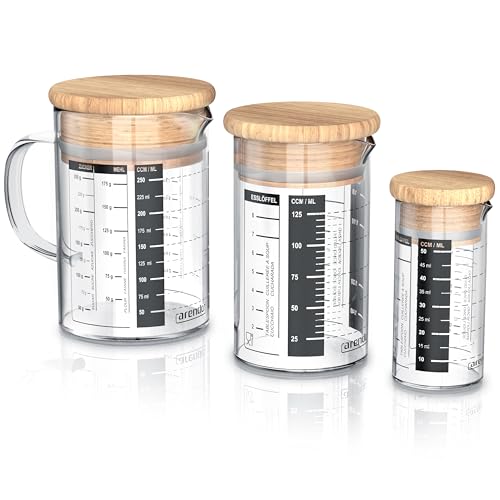 Arendo - Glasbehälter Set aus Borosilikatglas - Größen 250ml, 125ml, 50ml (0,25l 0,125l 0,05l), Messbecher Glas Krug - hitzebeständig - Glasbehälter mit Bambusdeckel - Silikondichtung von Arendo