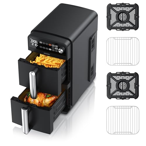 Arendo - Heißluftfritteuse XXL Dual Zone 2 Kammern – 11 Liter – 2400 W – 2 Zonen – 3in1 Airfryer Doppelkammer – 8 Sensortasten – PFAS BPA-frei - 2 Grillroste – 3D Umluftsystem - Doppelstöckig von Arendo