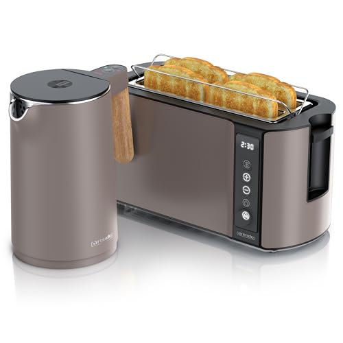 Arendo - Küchen Set - Edelstahl Wasserkocher mit Temperatureinstellung - Edelstahl Toaster Langschlitz 4 Scheiben Touchpanel – LED Display – Brötchenhalter - GS - Taupe von Arendo